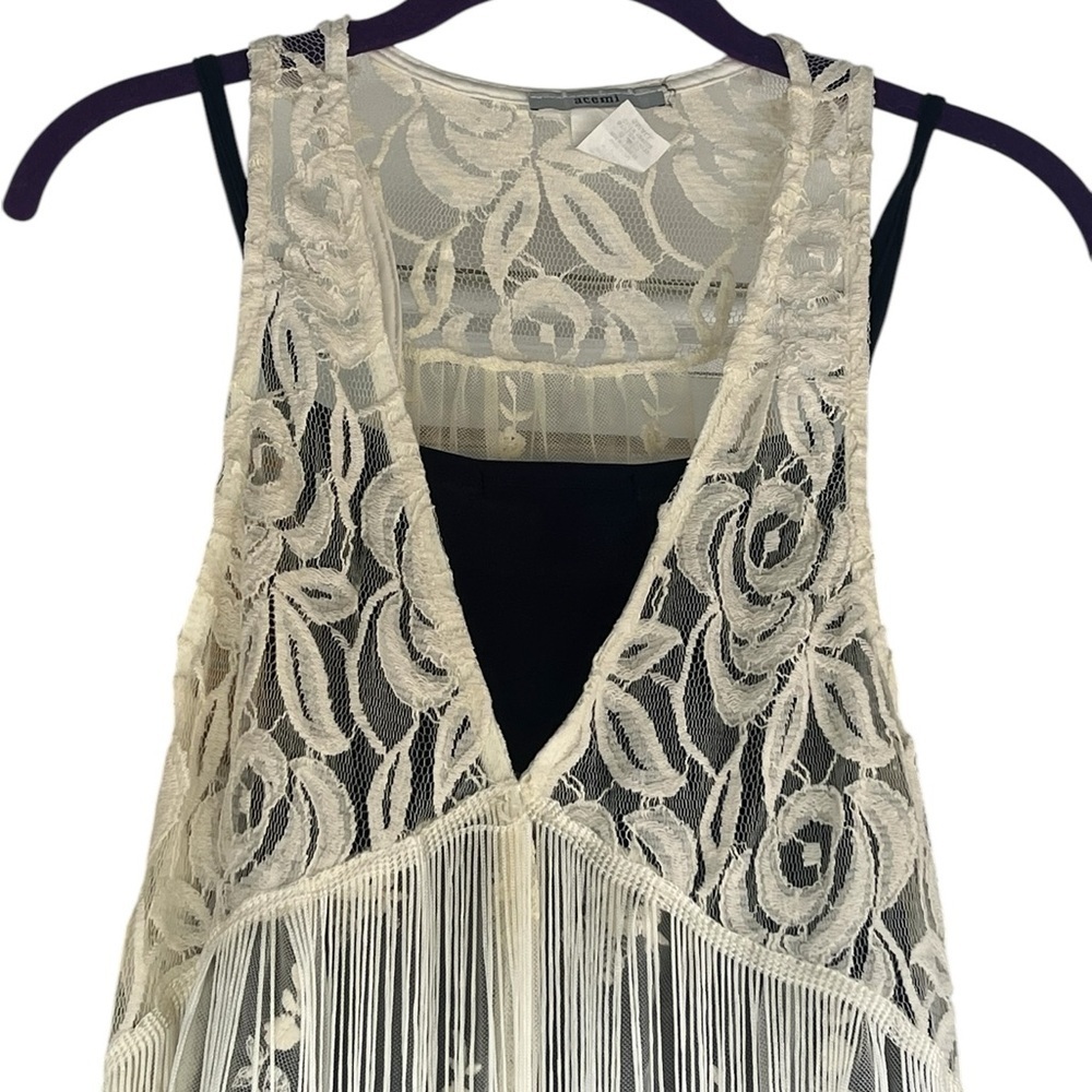 Acemi cream lace and fringe open front sleeveless gilet kimono boho festival - Picture 4 of 12